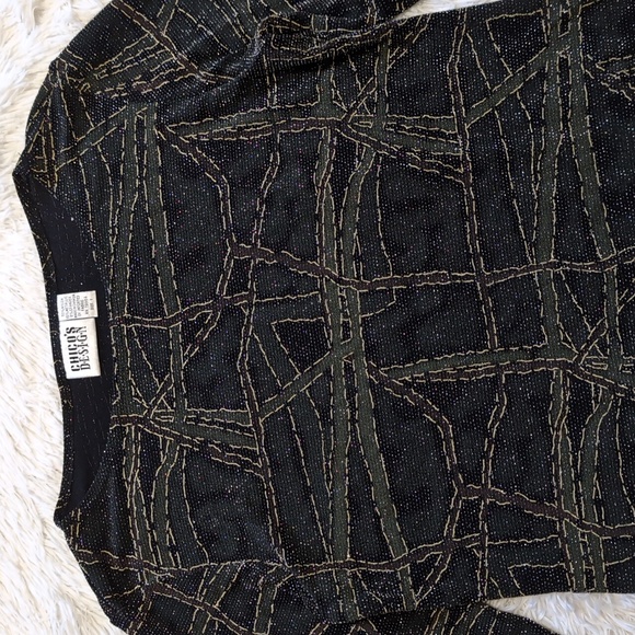 90s Chico's Sparkly Silver Vintage Olive & Black Abstract Top Size 1/Medium - Picture 2 of 10